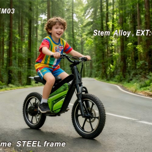 All-round electric-assisted mountain bike: 36V/500W; brushless technology for enhanced power; boasts a long range of 50–70 KM; equipped with 16-inch suspension front forks and mechanical disc brakes. Designed Specifically for Children