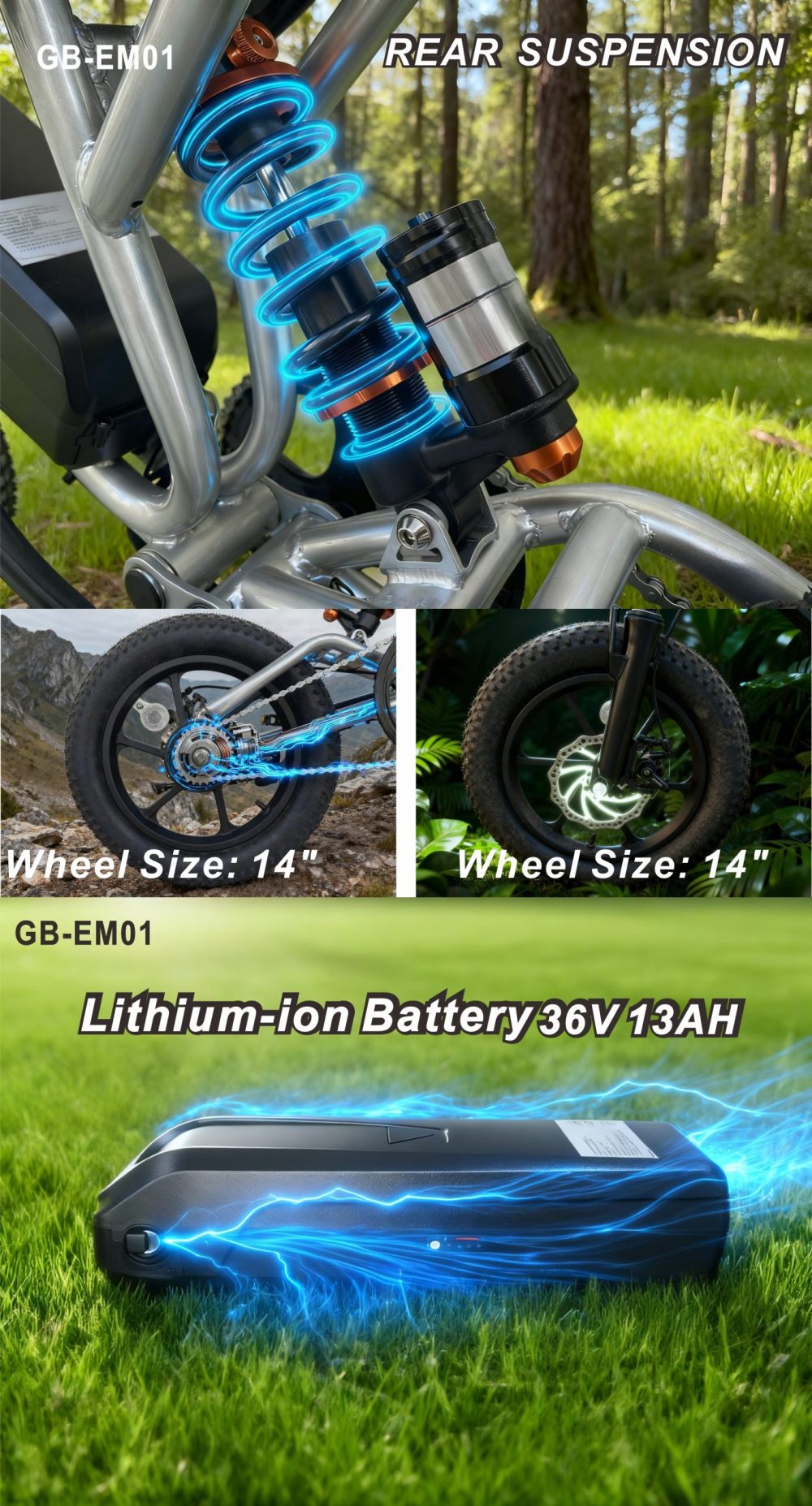 36V 350W Electric Off-Road Bike 14" Steel Frame with Suspension Fork - 45-55.5km Range 25km/h E-Mountain Bike